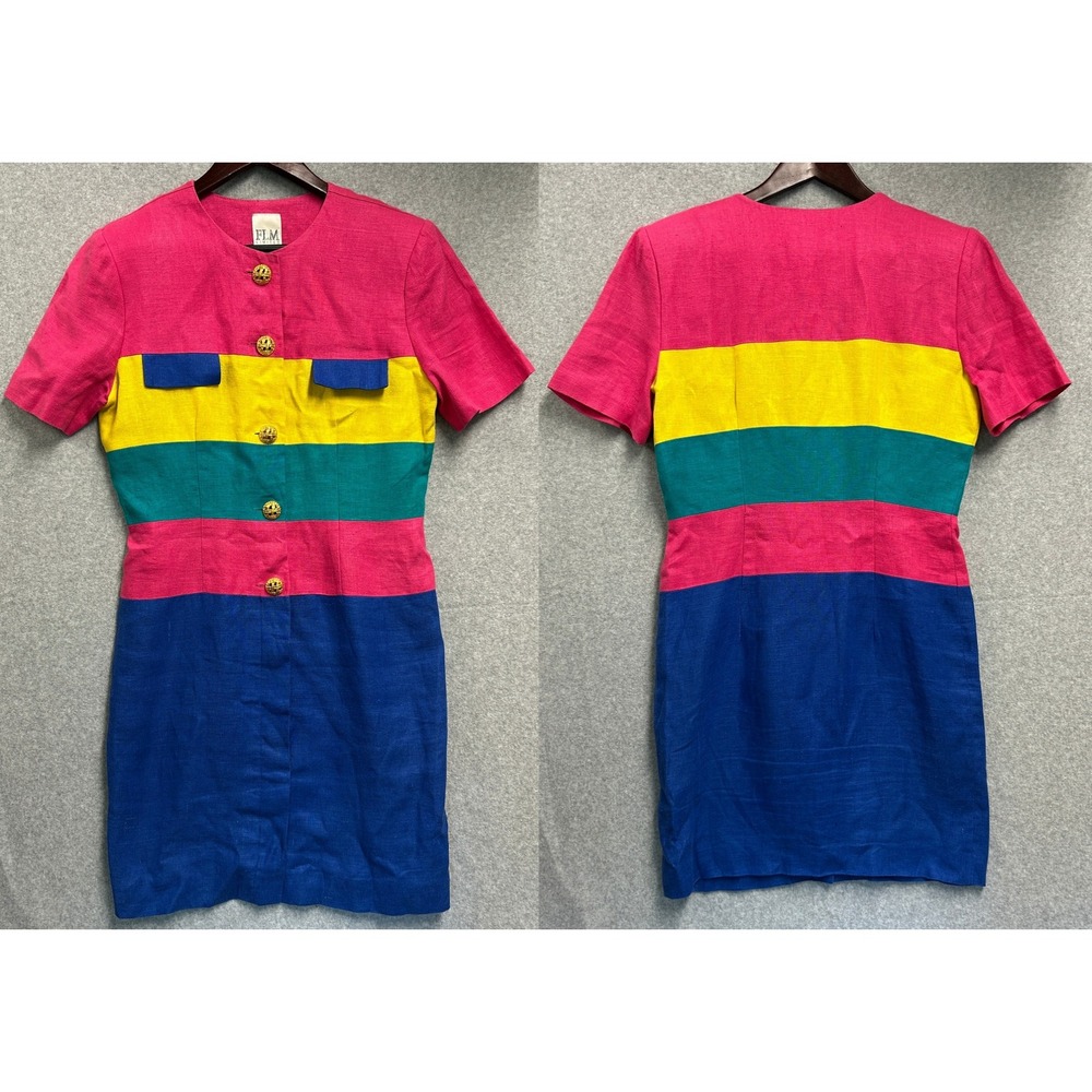 Linen Colorblock Dress Rainbow Buttonβ Front Retro Vintage FLM Limited Size 8